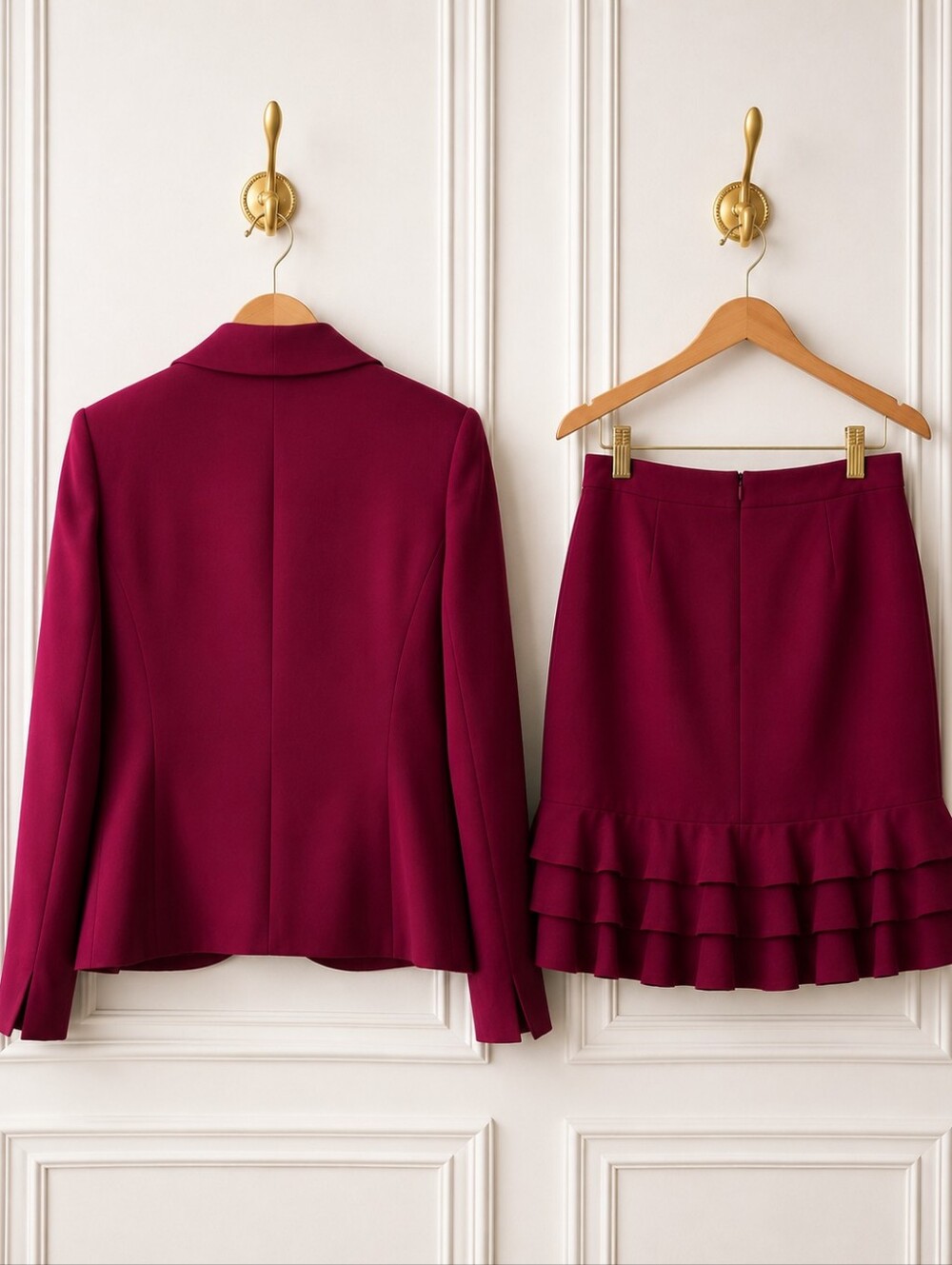 Bloomingdale's Size 14 Berry Skirt Suit | Shawl Collar Blazer & Ruffle Hem Skirt - Picture 8 of 10